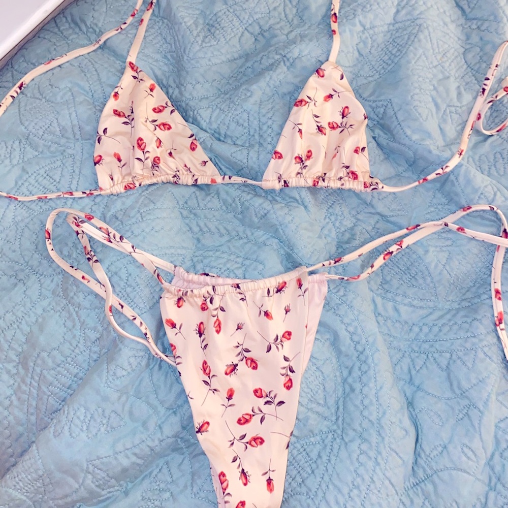Frankie’s Bikinis Floral Cream Tie Triangle Bikini